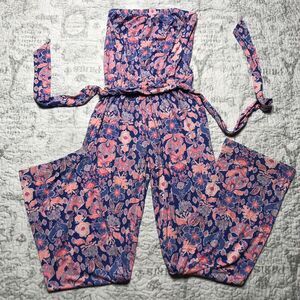 Lilly Pulitzer Tia Iris Blue Pink Werk It Jersey Strapless Pant Jumpsuit Sz XS